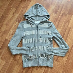 Aeropostale Grey Silver Sequin Hoodie Jacket juniors Medium Holiday Knit Sweater